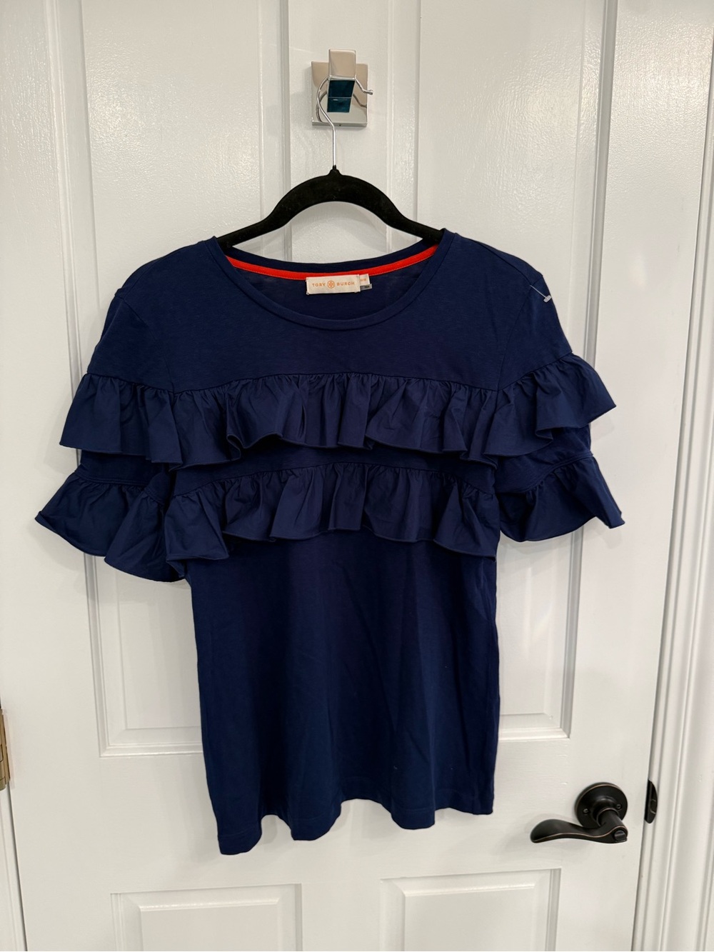 Tory Burch Navy Ruffle Short Sleeve Top